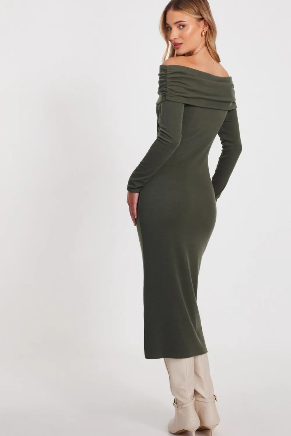 Quiz Workwear|Knitwear>Khaki Ribbed Bardot Midi Dress
