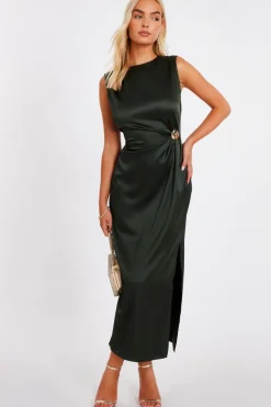 Quiz Evening Dresses|Christening Guest>Khaki Satin Buckle Side Midaxi Dress