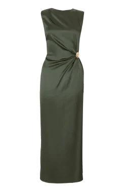 Quiz Evening Dresses|Christening Guest>Khaki Satin Buckle Side Midaxi Dress
