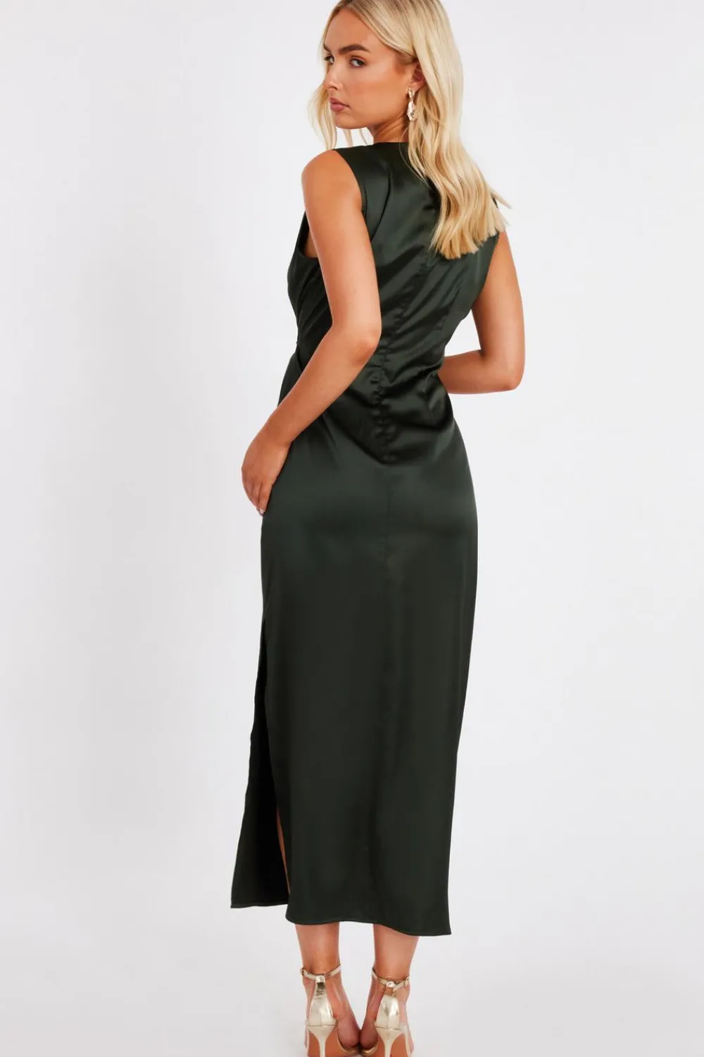 Quiz Evening Dresses|Christening Guest>Khaki Satin Buckle Side Midaxi Dress