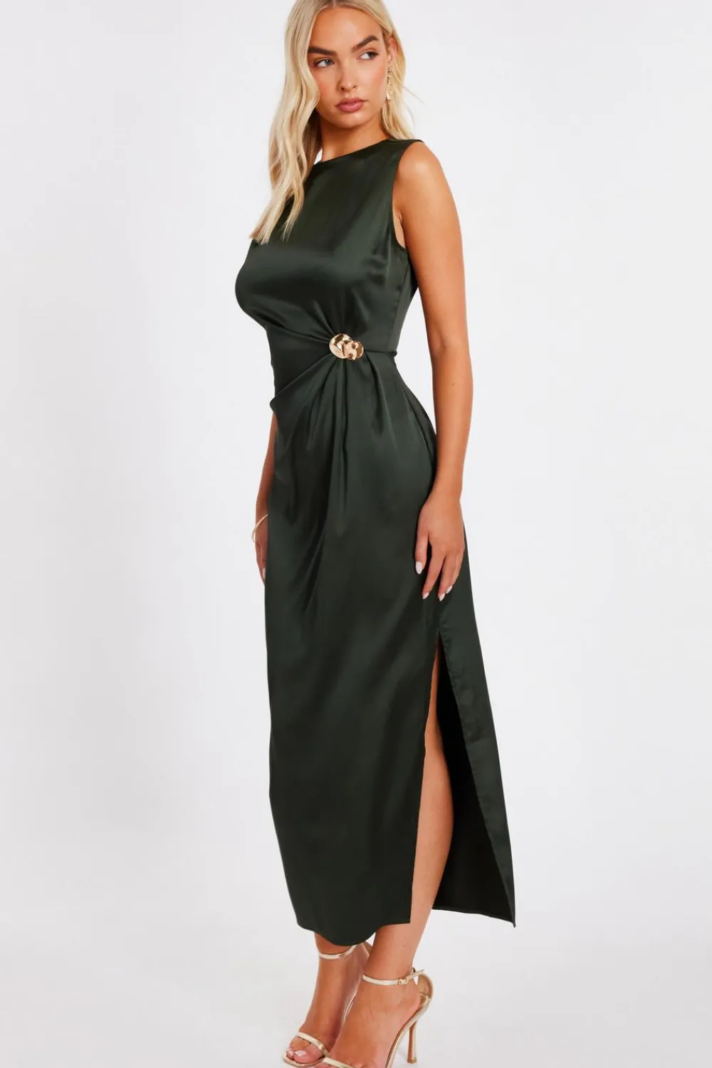 Quiz Evening Dresses|Christening Guest>Khaki Satin Buckle Side Midaxi Dress