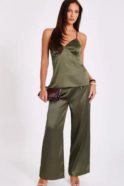 Quiz Trousers|Summer Clothes>Khaki Satin Palazzo Trousers