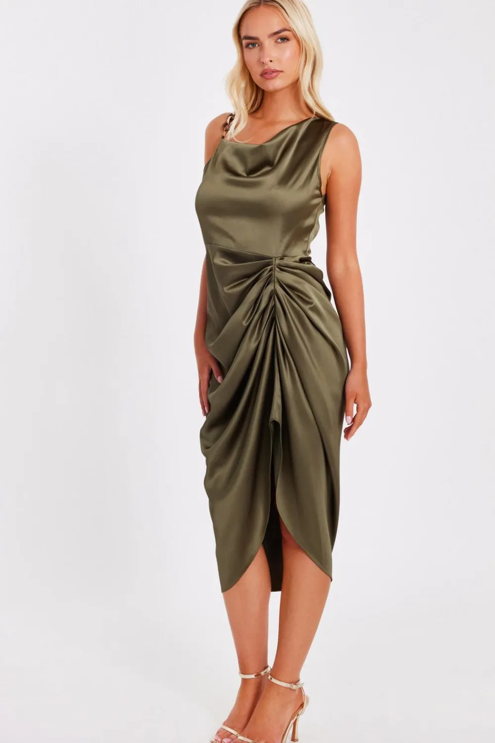 Quiz Day At The Races|Christening Guest>Khaki Satin Ruched Midi Dress