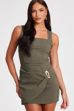 Quiz Going Out|Dresses>Khaki Square Neck Mini Dress
