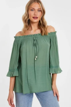 Quiz Summer Tops|Day Tops>Khaki Textured Bardot Top