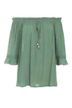 Quiz Summer Tops|Day Tops>Khaki Textured Bardot Top