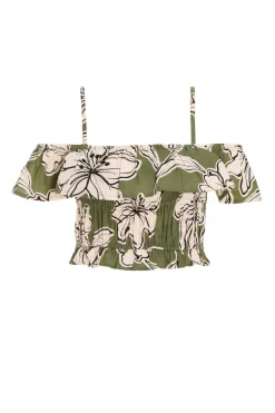 Quiz Summer Tops|Day Tops>Khaki Tropical Print Bardot Crop Top