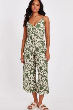 Quiz Summer Jumpsuits|Summer Clothes>Khaki Tropical Print Jumpsuit