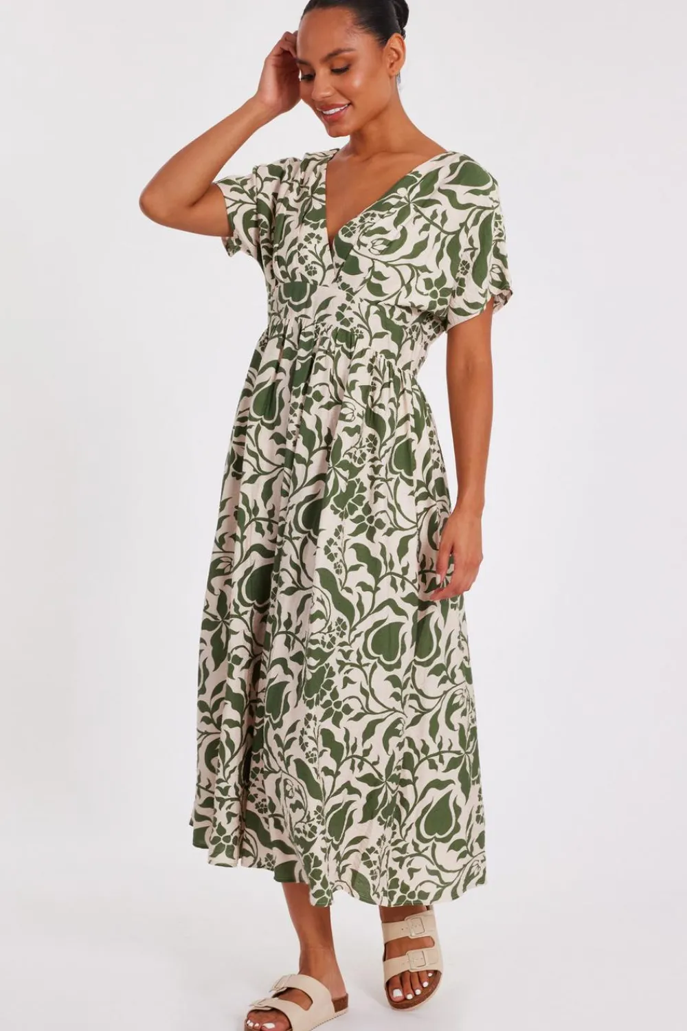 Quiz Summer Clothes|Holiday>Khaki Tropical Print Midaxi Dress