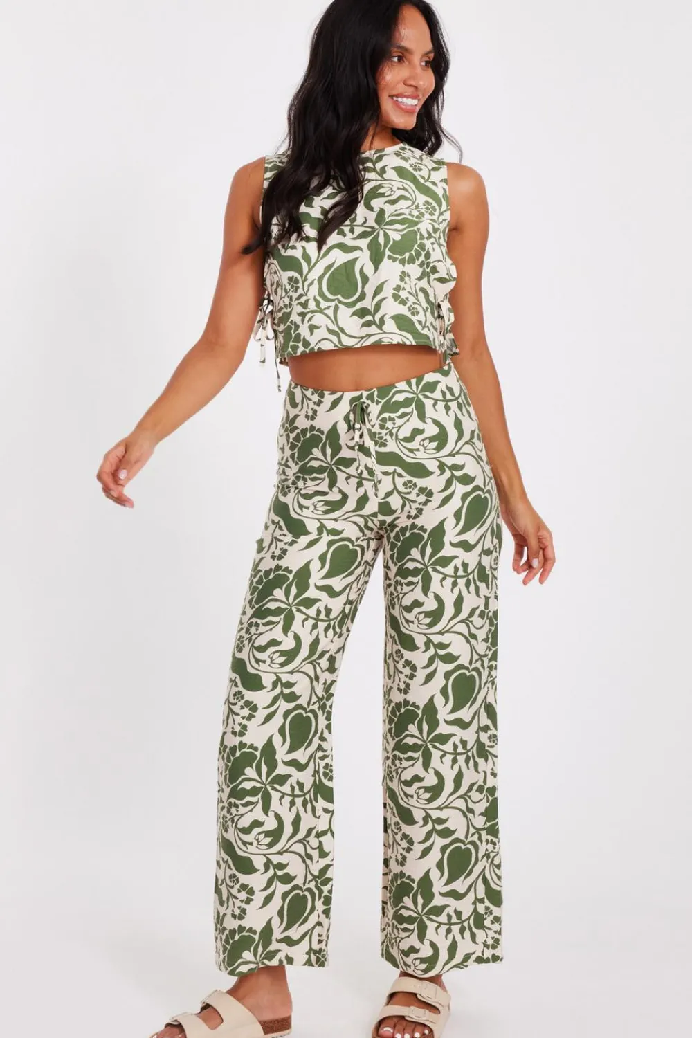 Quiz Trousers|Summer Clothes>Khaki Tropical Print Trousers