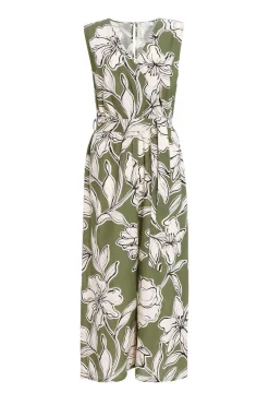 Quiz Summer Jumpsuits|Summer Clothes>Khaki Tropical Print Wrap Jumpsuit