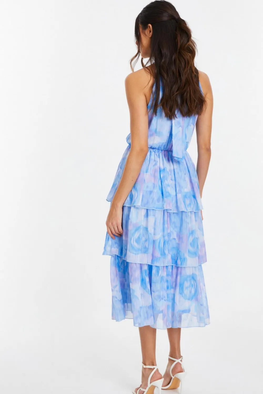 Quiz Wedding Guest Dresses|Ruffle Dresses>Light Blue Floral High Neck Tiered Midi Dress
