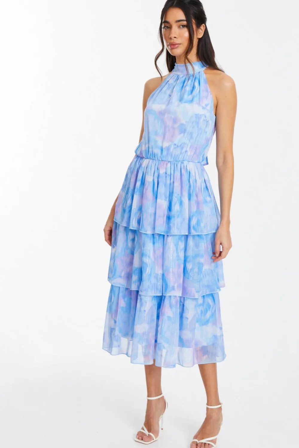 Quiz Wedding Guest Dresses|Ruffle Dresses>Light Blue Floral High Neck Tiered Midi Dress