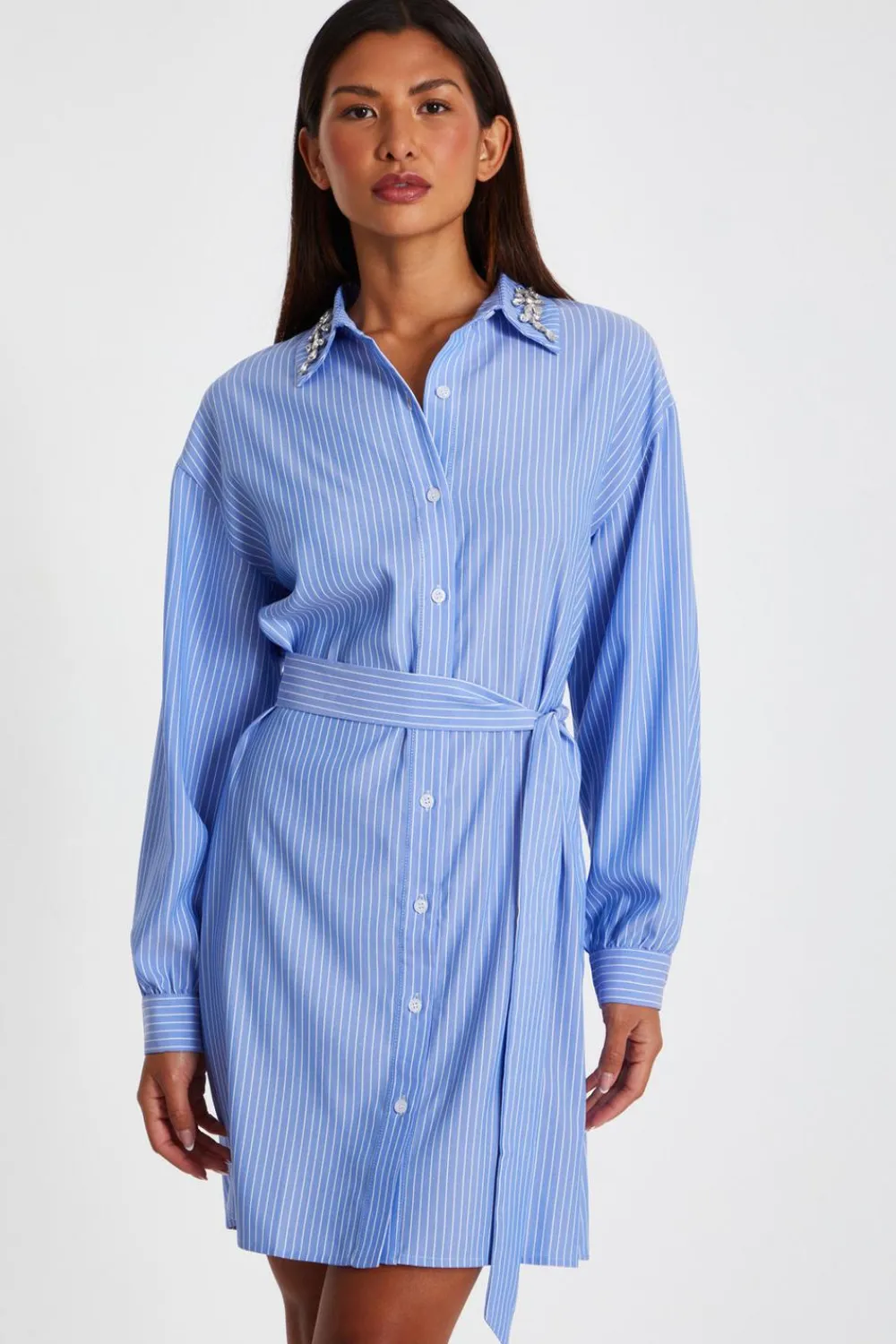 Quiz Workwear|Summer Clothes>Light Blue Pinstripe Mini Shirt Dress