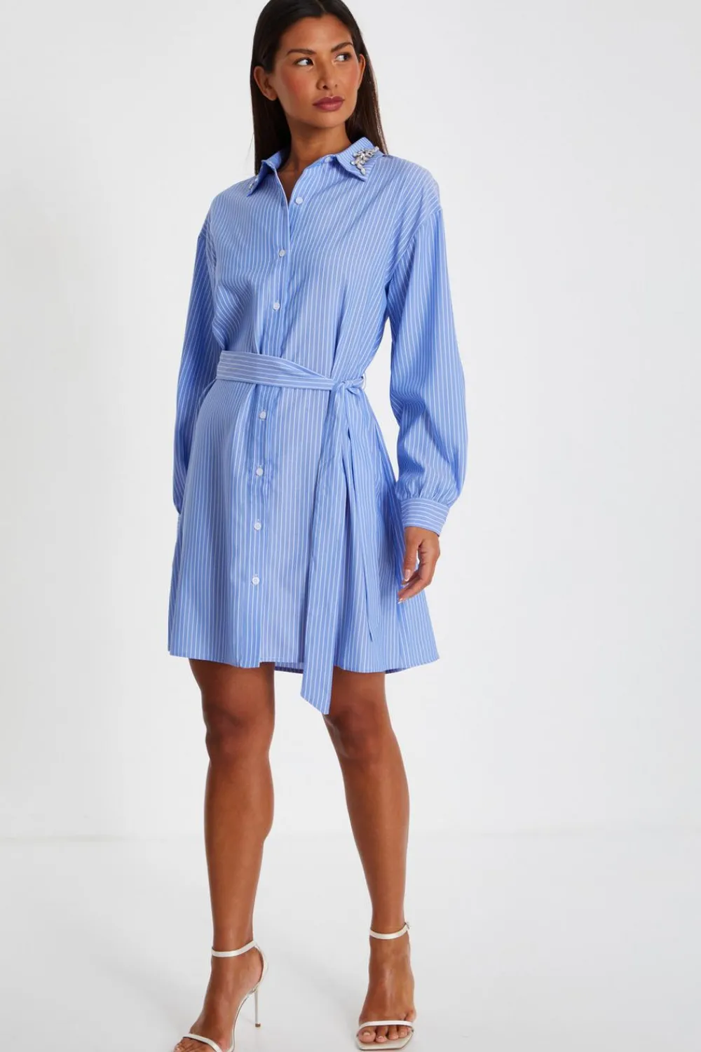 Quiz Workwear|Summer Clothes>Light Blue Pinstripe Mini Shirt Dress