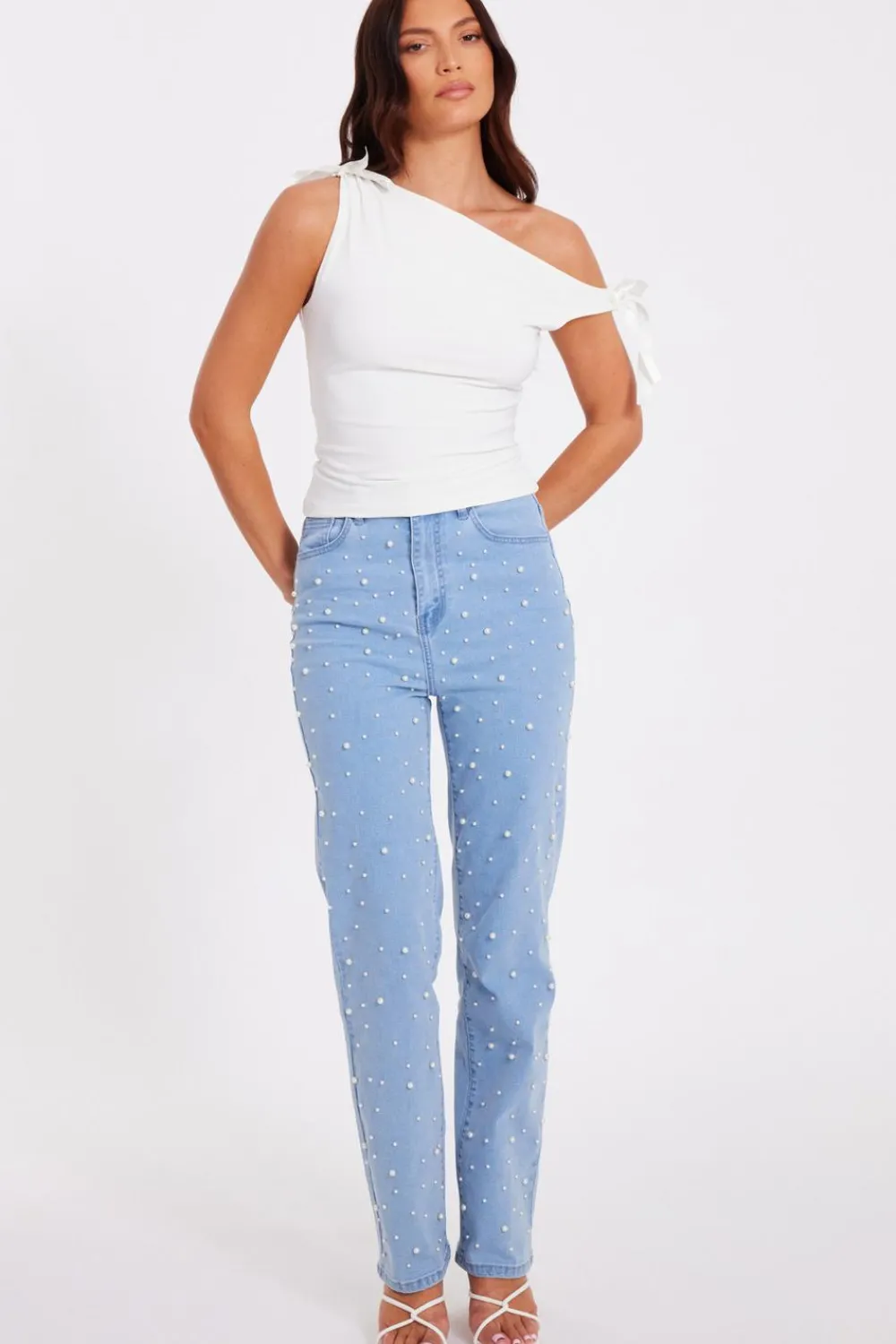 Quiz Trousers|Summer Clothes>Light Denim Embellished Jeans
