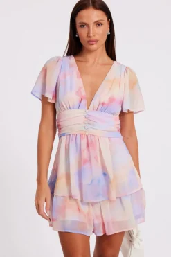 Quiz Playsuits|Summer Clothes>Light Pink Tie Dye Tiered Playsuit
