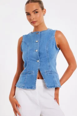 Quiz Waistcoat|Summer Tops>Light Wash Denim Waistcoat
