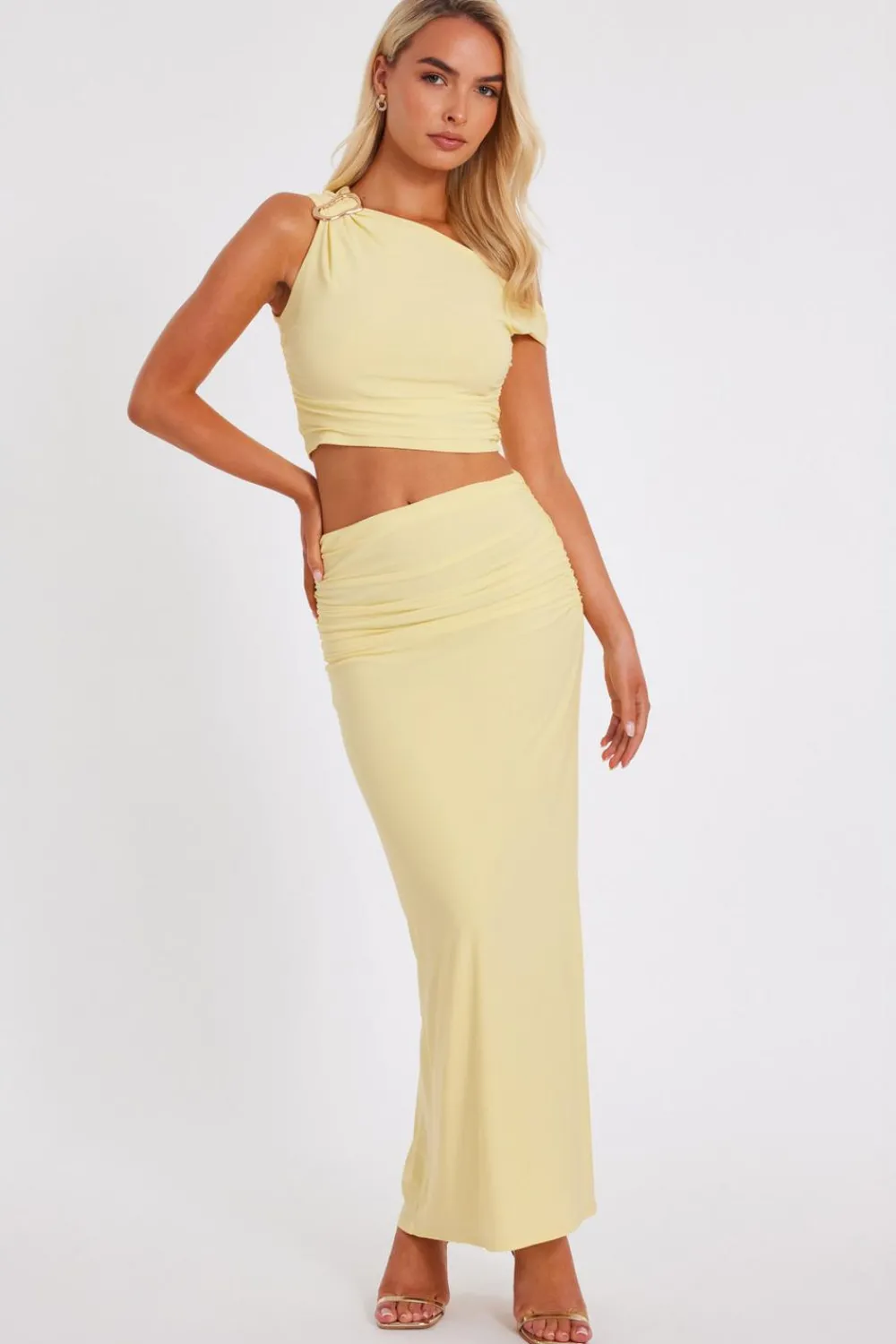 Quiz Summer Clothes|Skirts>Light Yellow Ruched Maxi Skirt