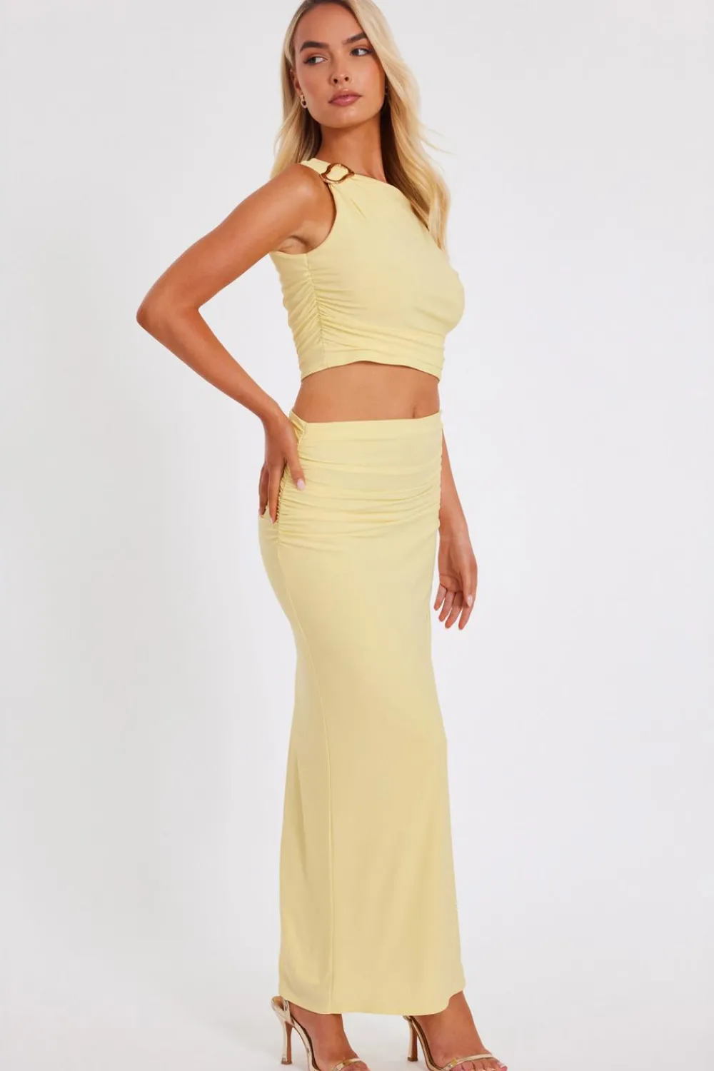 Quiz Summer Clothes|Skirts>Light Yellow Ruched Maxi Skirt