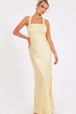 Quiz Christening Guest|Dresses>Light Yellow Satin Maxi Dress