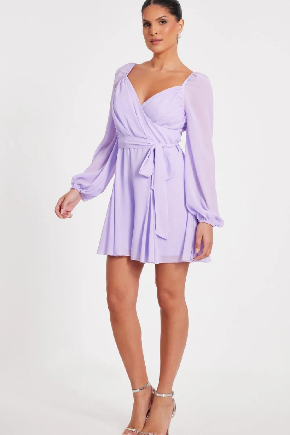 Quiz Playsuits|Day At The Races>Lilac Chiffon Long Sleeve Playsuit