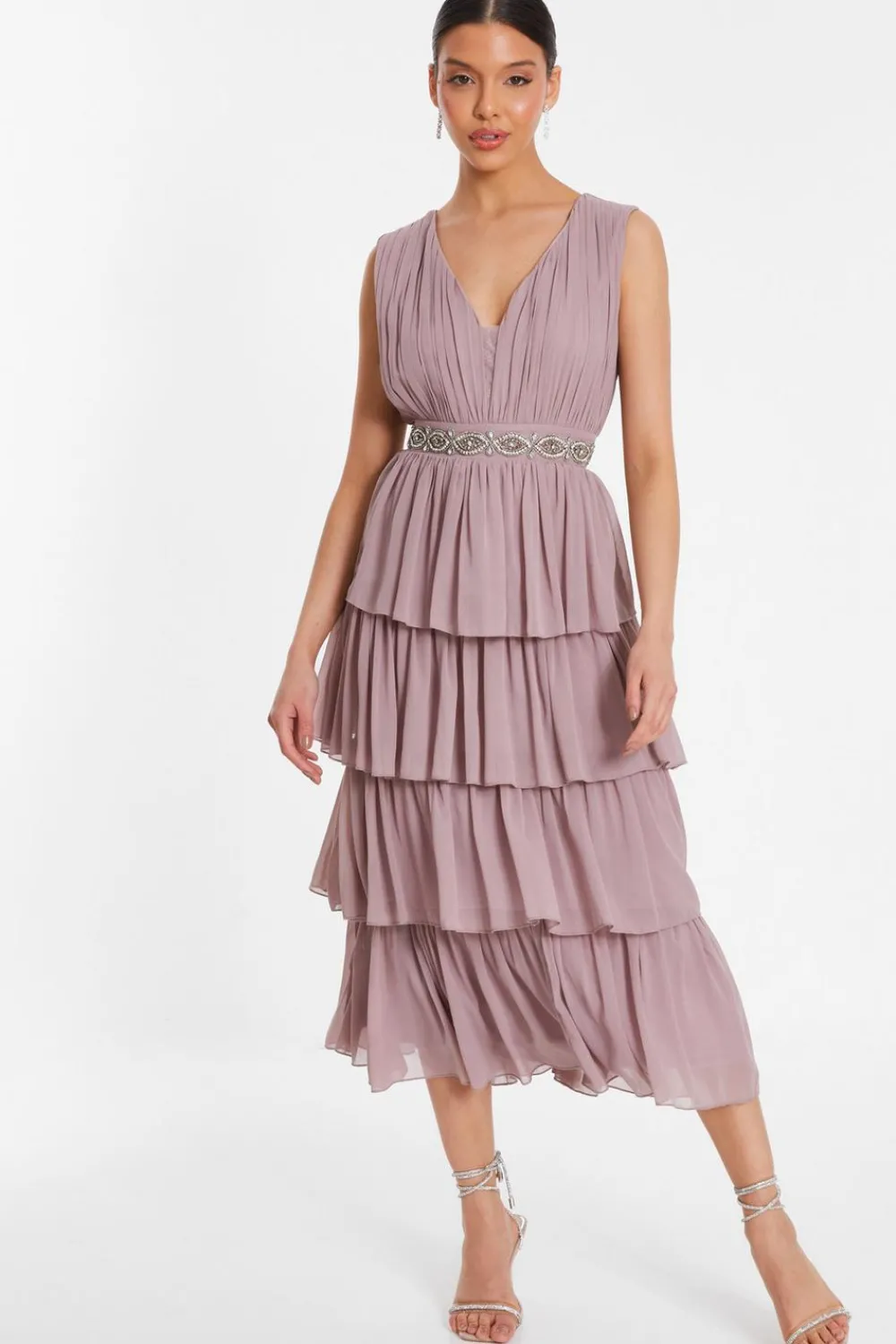 Quiz Wedding Guest Dresses|Pink Dresses>Mauve Chiffon Tiered Midi Dress