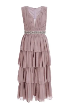 Quiz Wedding Guest Dresses|Pink Dresses>Mauve Chiffon Tiered Midi Dress