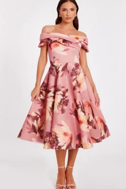 Quiz Day At The Races|Christening Guest>Mauve Floral Bardot Midi Dress