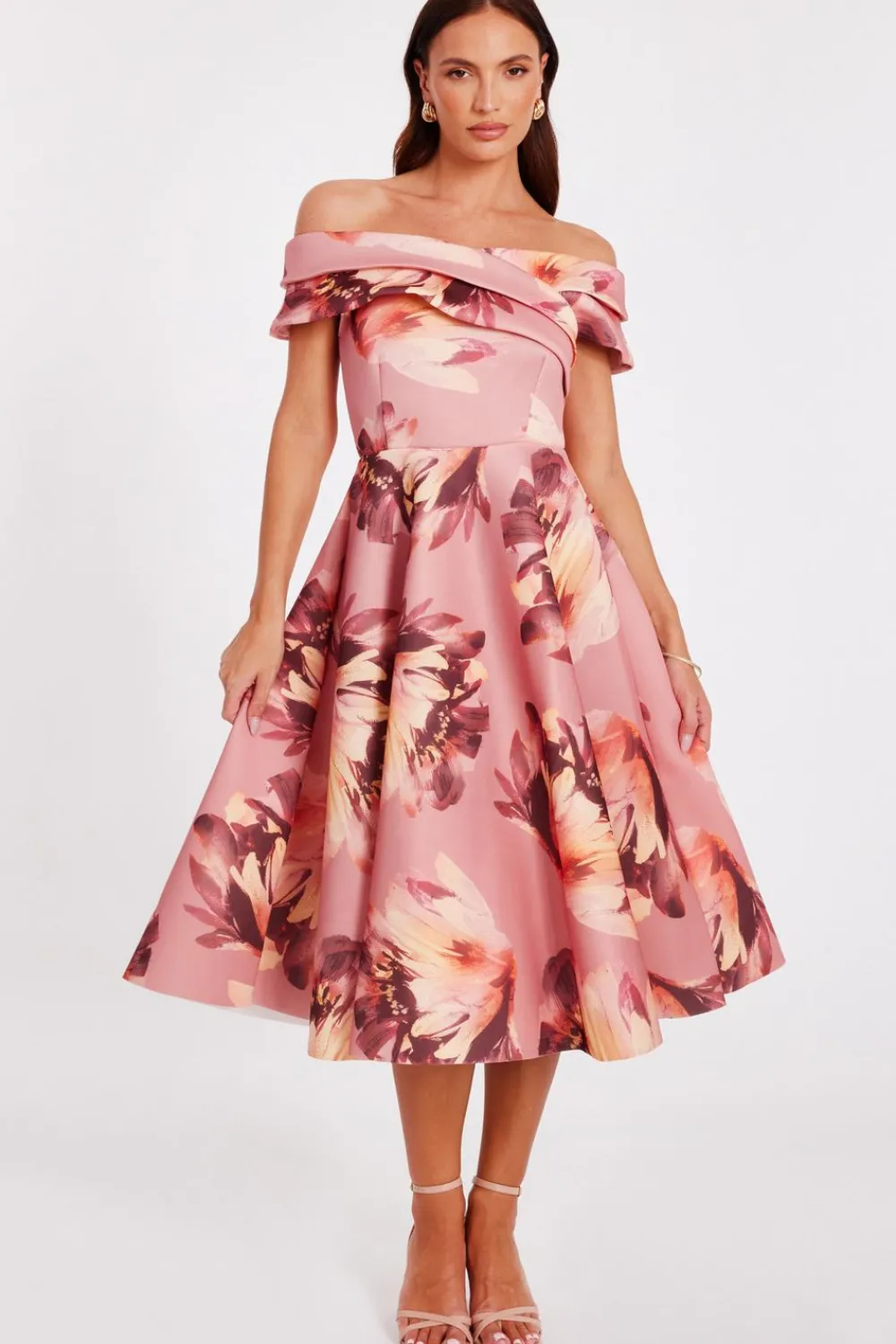 Quiz Day At The Races|Christening Guest>Mauve Floral Bardot Midi Dress