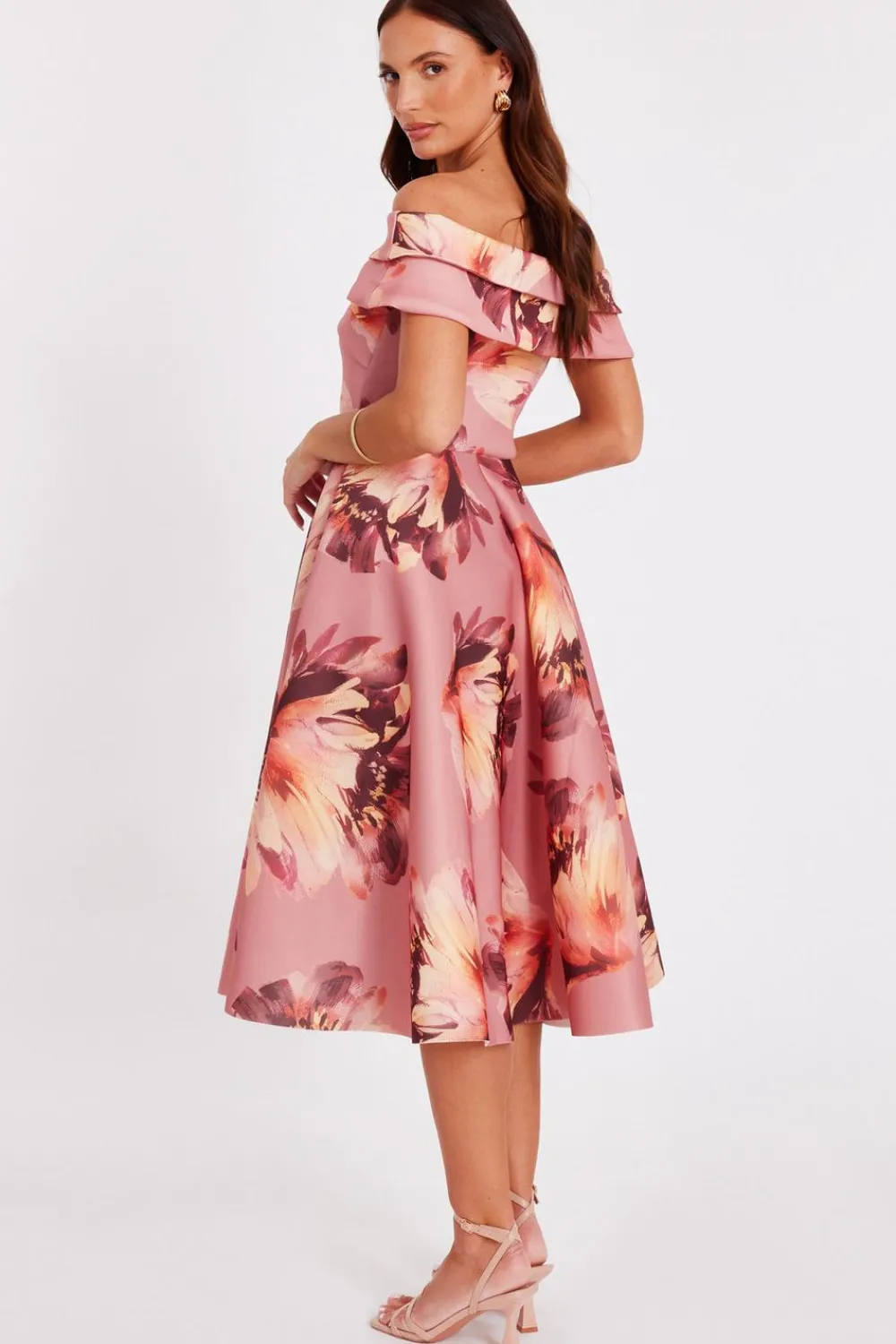 Quiz Day At The Races|Christening Guest>Mauve Floral Bardot Midi Dress