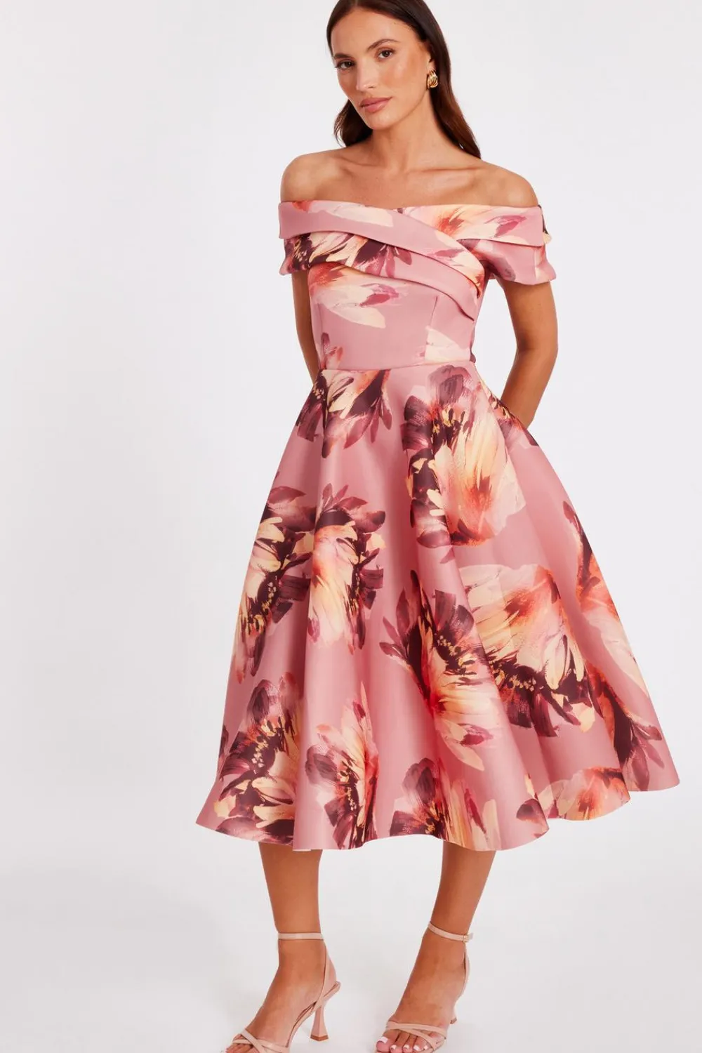 Quiz Day At The Races|Christening Guest>Mauve Floral Bardot Midi Dress