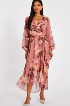 Quiz Day At The Races|Christening Guest>Mauve Floral Dip Hem Midaxi Dress