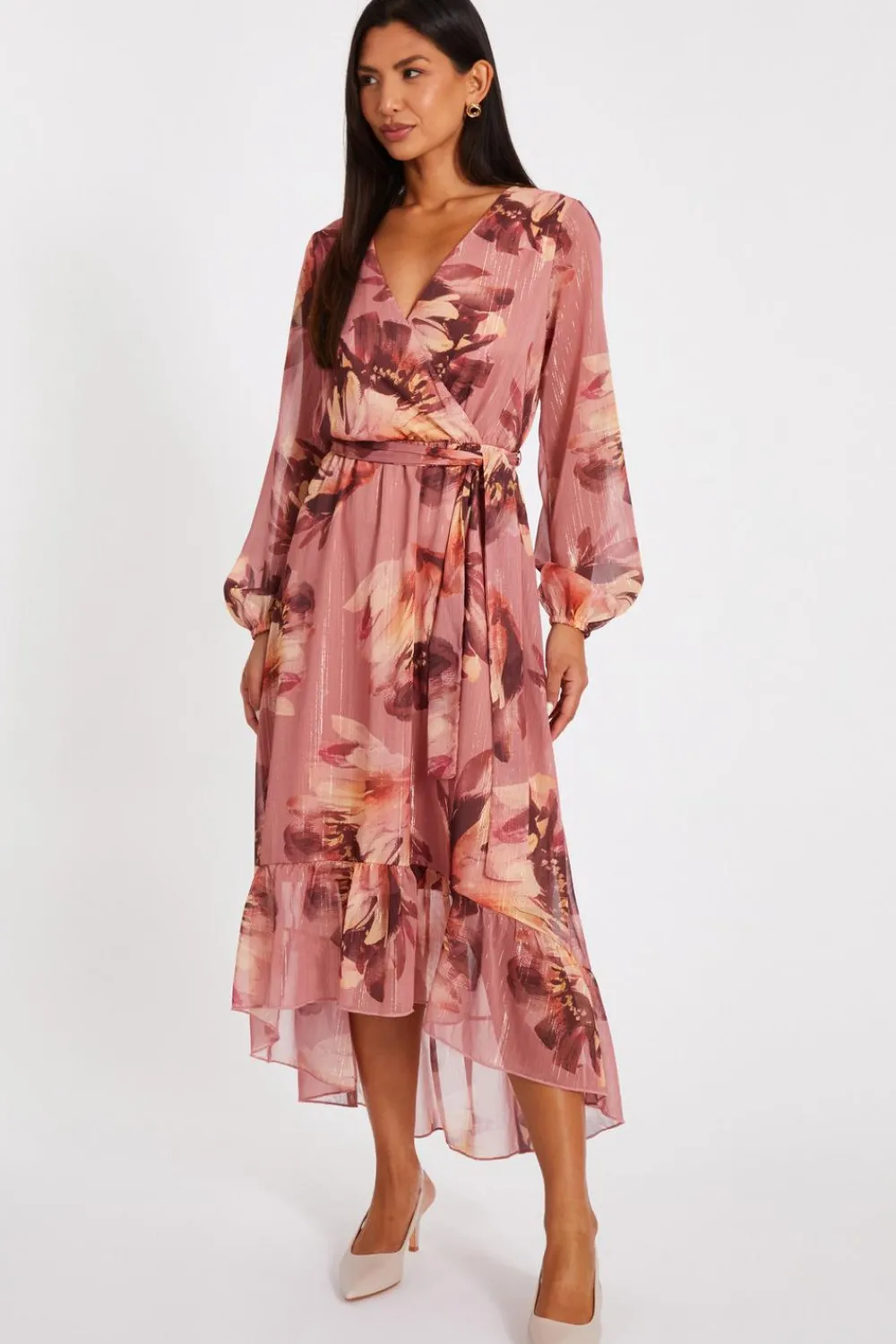 Quiz Day At The Races|Christening Guest>Mauve Floral Dip Hem Midaxi Dress