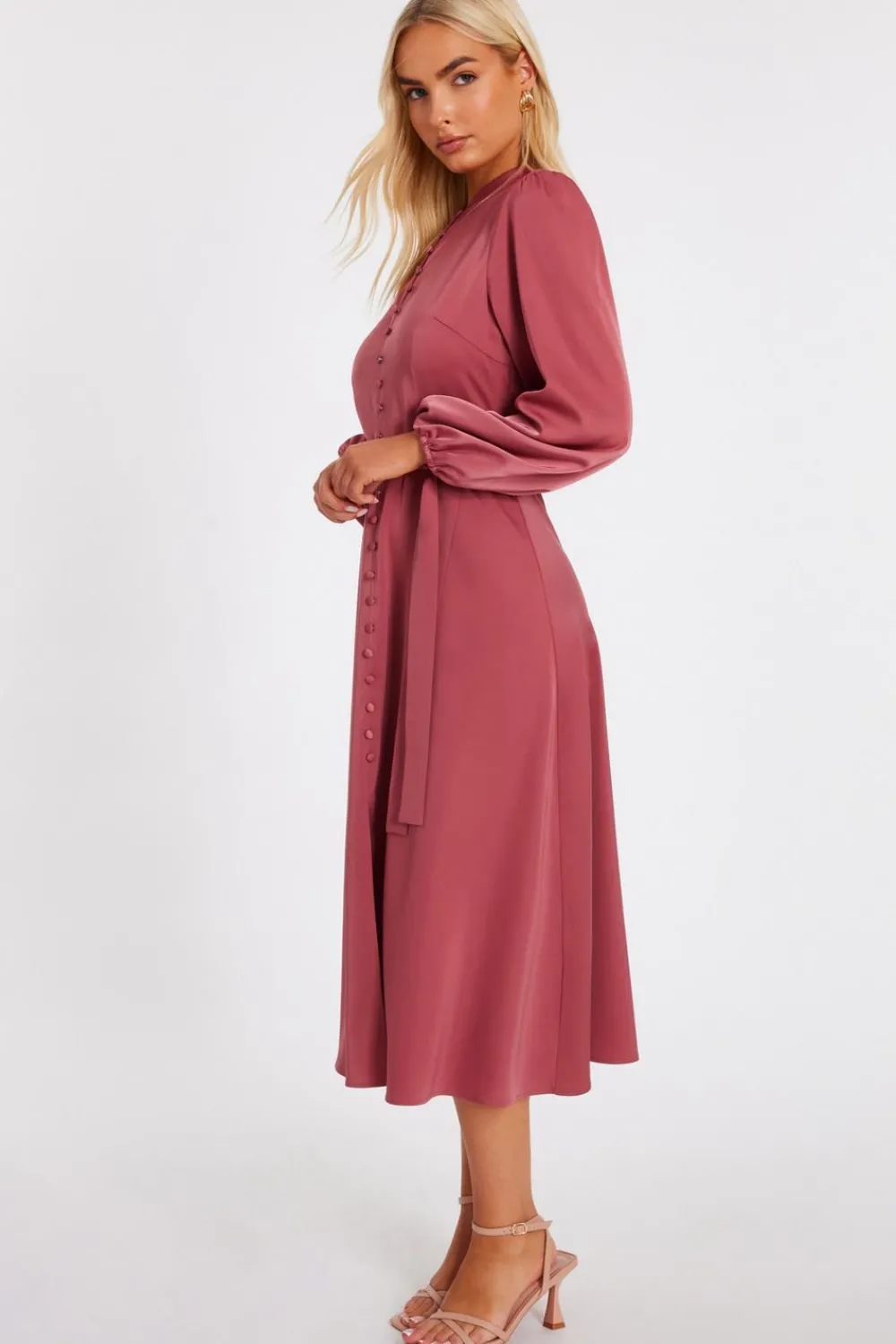 Quiz Evening Dresses|Day At The Races>Mauve Satin Button Front Midaxi Dress