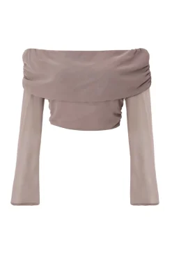 Quiz Going Out Tops|Crop Tops>Mocha Chiffon Ruffle Crop Top