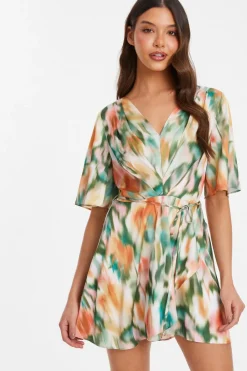 Quiz Going Out|Summer Clothes>Multicoloured Marble Print Satin Playsuit