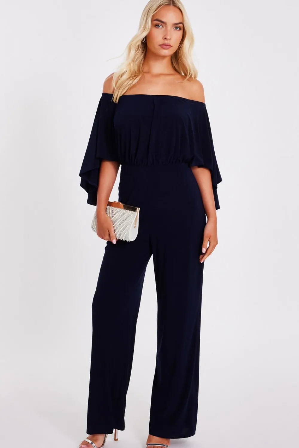 Quiz Occasion Jumpsuits|Going Out Jumpsuits>Navy Bardot Jumpsuit