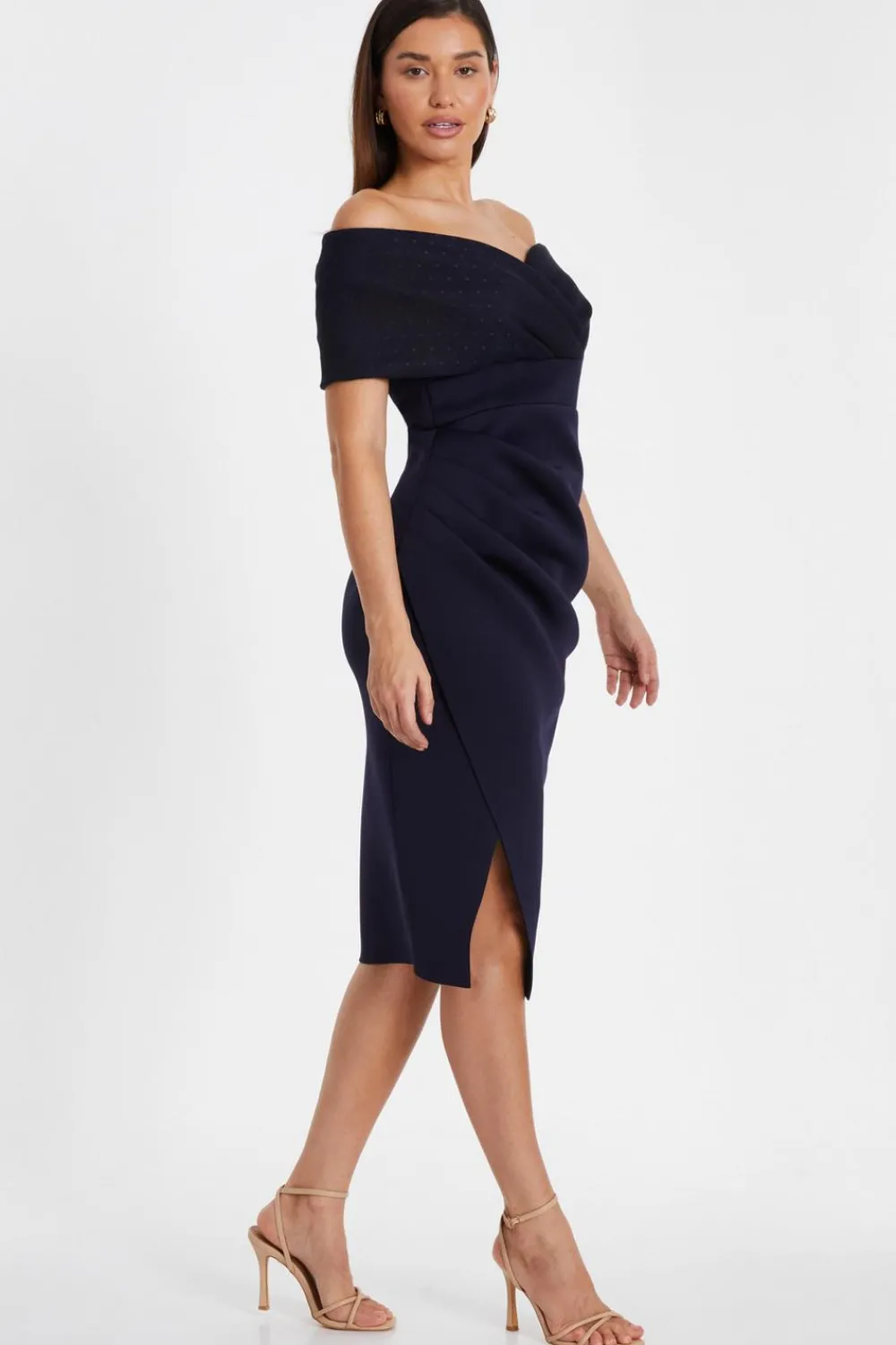 Quiz Christening Guest|Wedding Guest Dresses>Navy Bardot Ruched Midi Dress