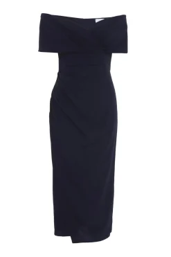 Quiz Wrap Dresses|Wedding Guest Dresses>Navy Bardot Ruched Wrap Midi Dress