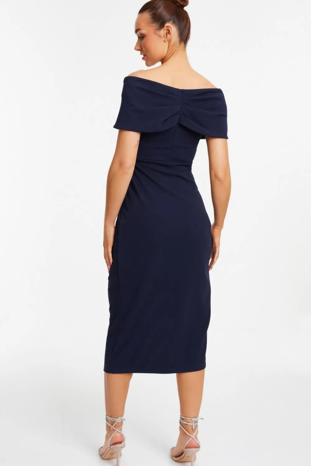 Quiz Wrap Dresses|Wedding Guest Dresses>Navy Bardot Ruched Wrap Midi Dress