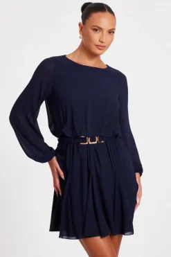 Quiz Christening Guest|Dresses>Navy Chiffon Long Sleeve Skater Dress
