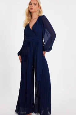 Quiz Occasion Jumpsuits|Evening Jumpsuits>Navy Chiffon Pleated Jumpsuit