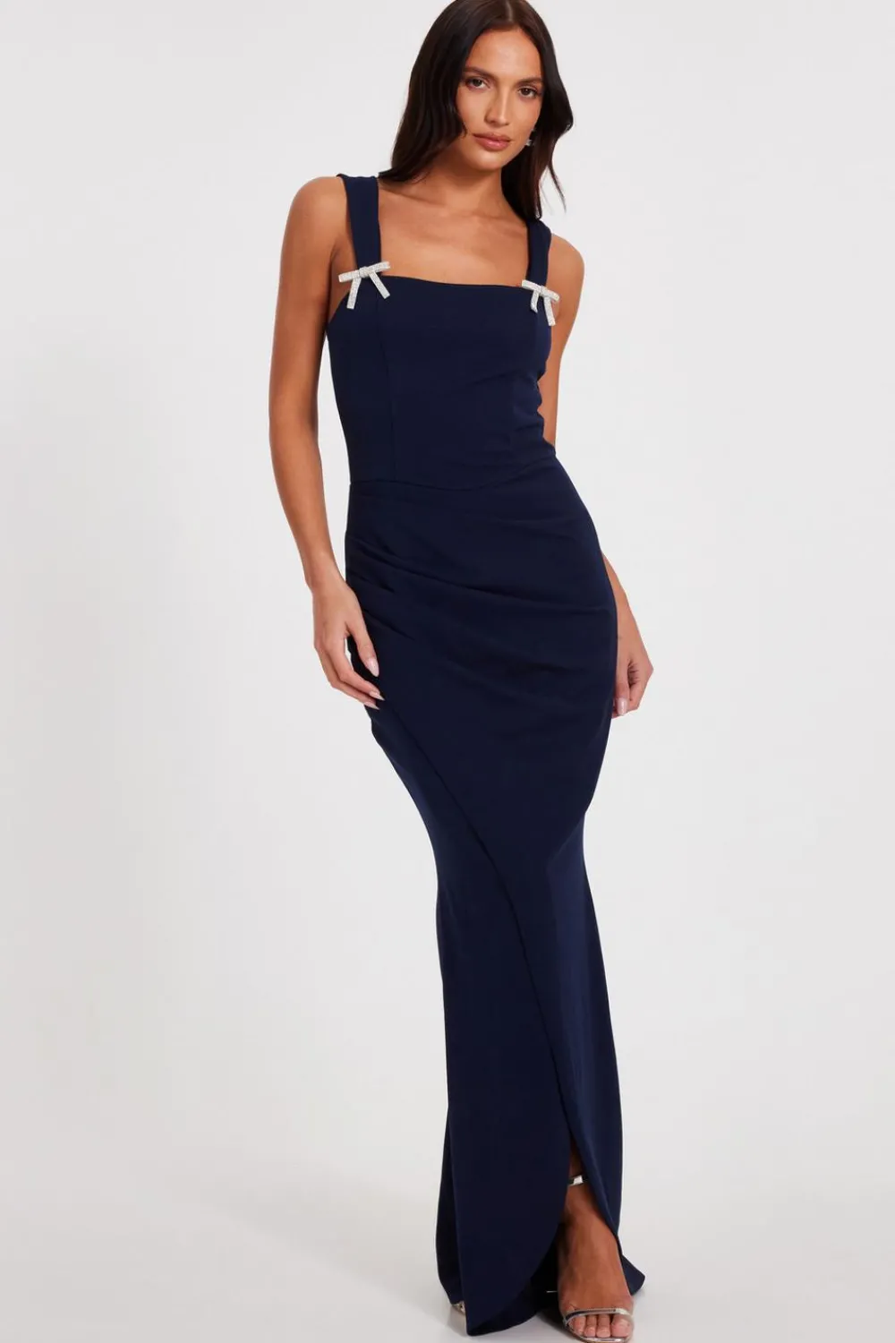 Quiz Prom Dresses|Evening Dresses>Navy Diamante Bow Maxi Dress
