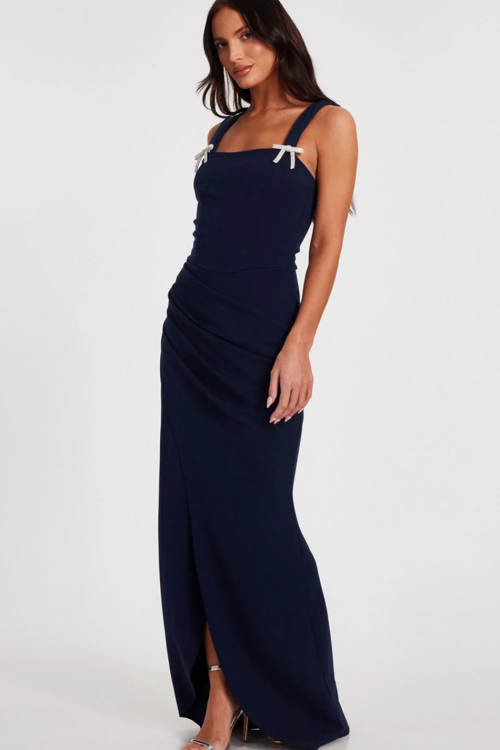 Quiz Prom Dresses|Evening Dresses>Navy Diamante Bow Maxi Dress