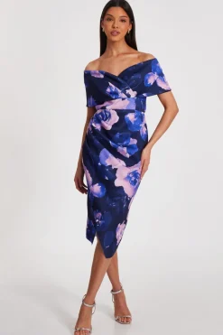 Quiz Day At The Races|Christening Guest>Navy Floral Bardot Midi Dress