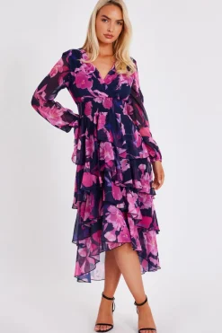 Quiz Day At The Races|Christening Guest>Navy Floral Dip Hem Midaxi Dress