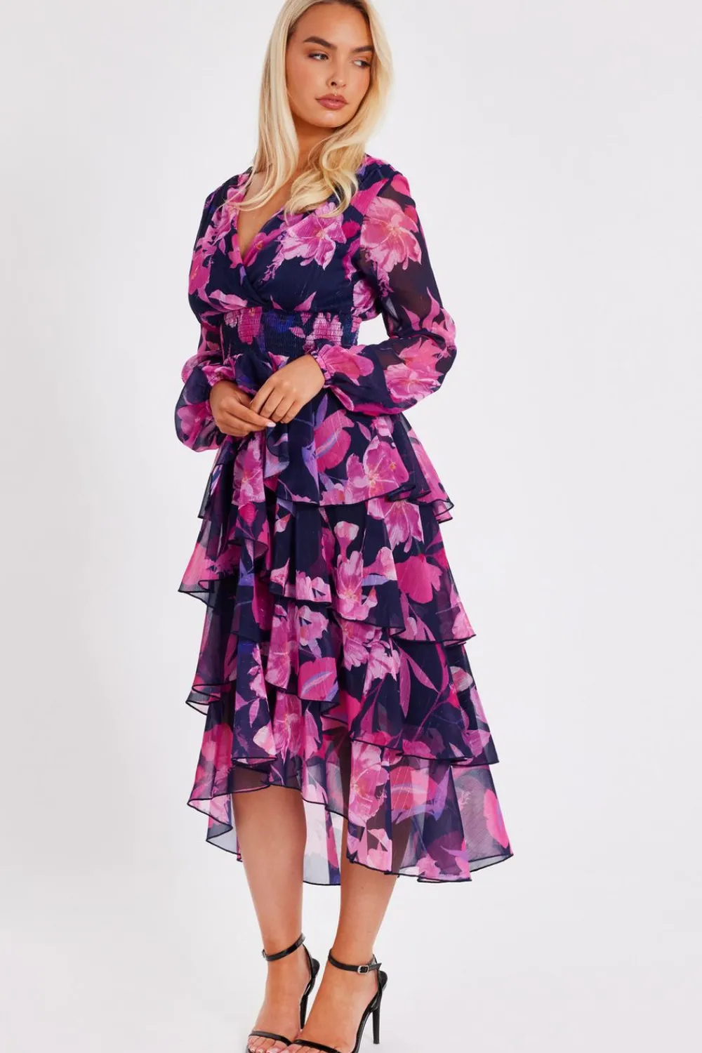 Quiz Day At The Races|Christening Guest>Navy Floral Dip Hem Midaxi Dress