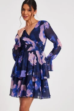 Quiz Evening Dresses|Day At The Races>Navy Floral Tiered Skater Dress