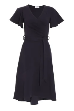 Quiz Wrap Dresses|Wedding Guest Dresses>Navy Frill Sleeve Wrap Midi Dress